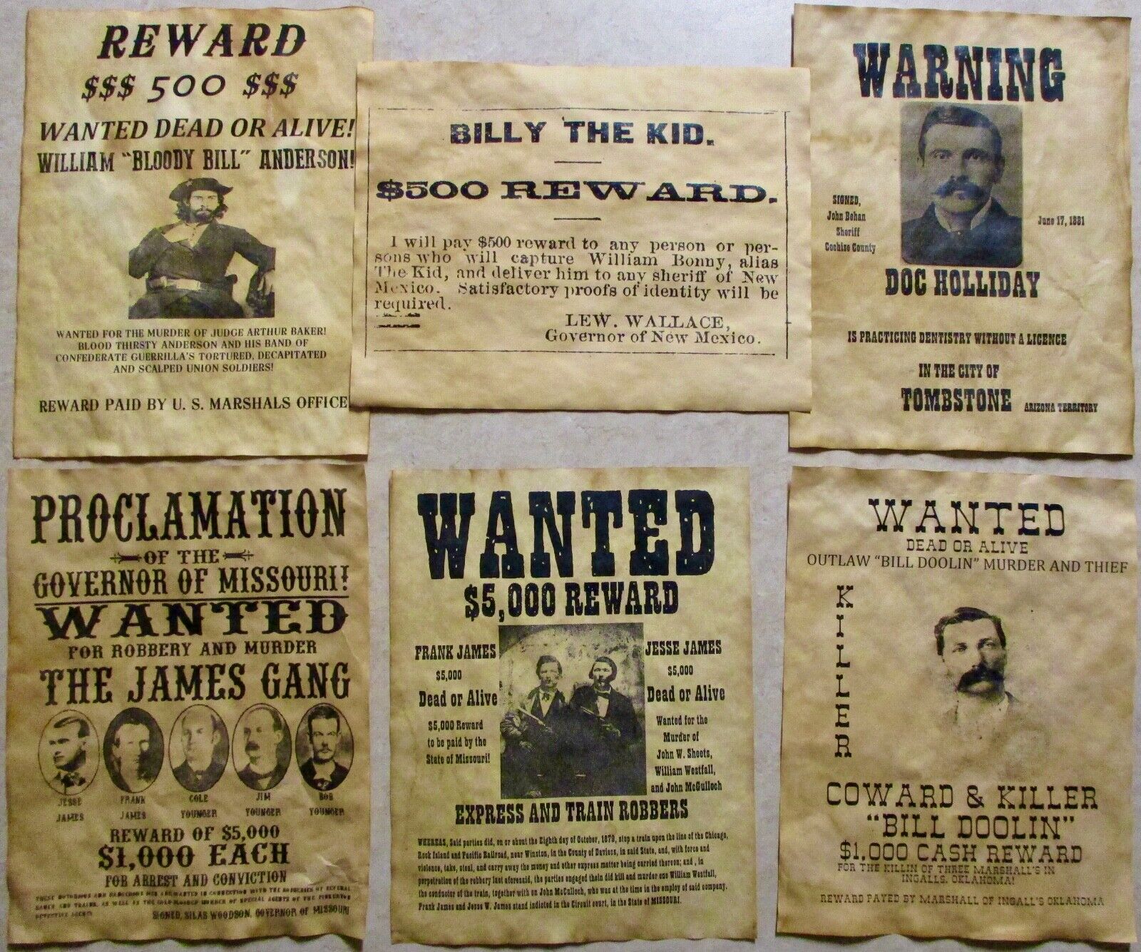 Billy the Kid Old West Wanted Posters Doc Holliday Jesse James Bill Doolin