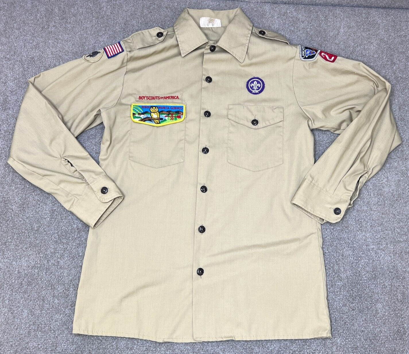 VINTAGE Boy Scouts Shirt Mens Small BSA Uniform Brown Button Up Patches USA Made