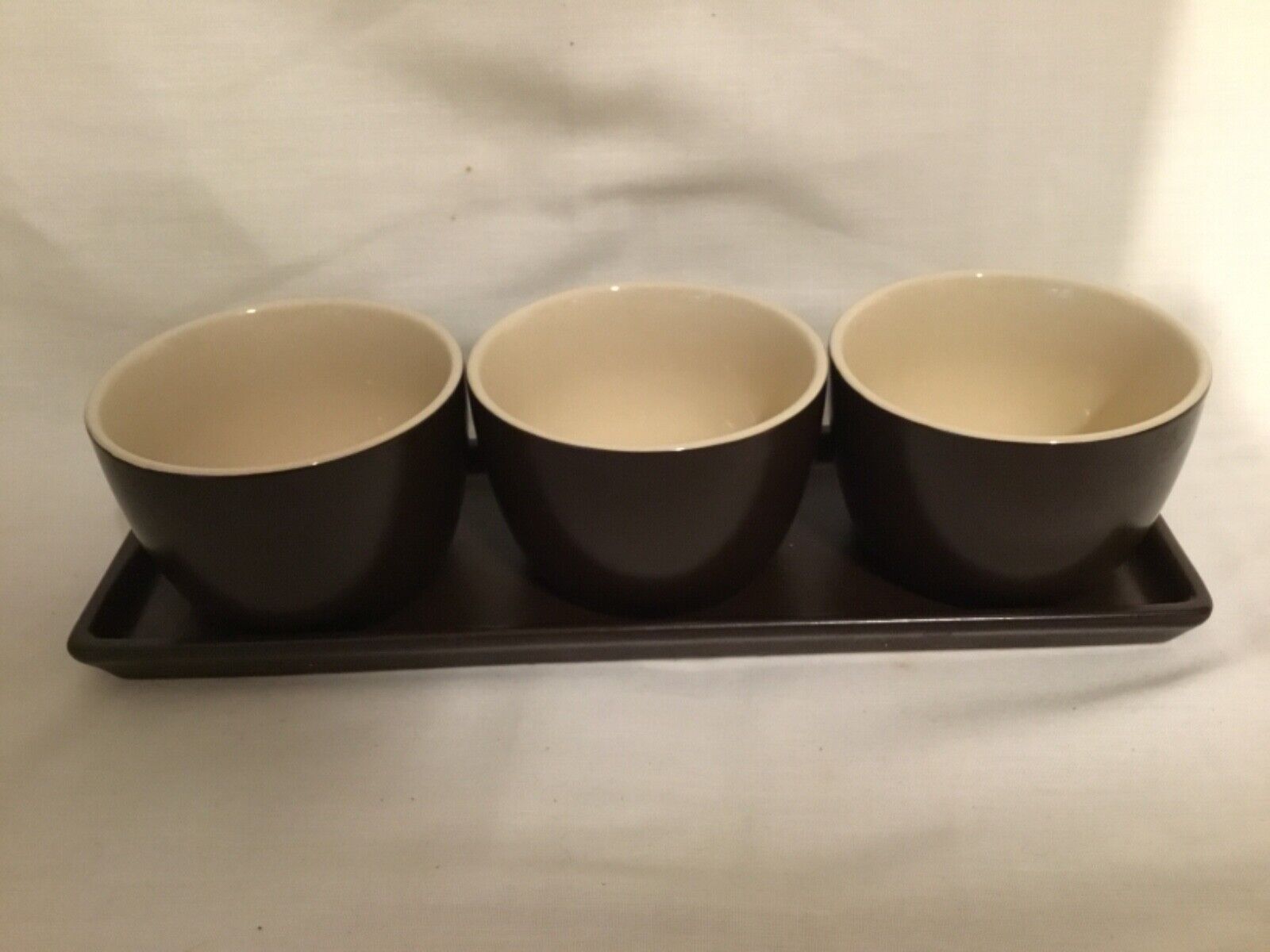 Four Piece Set  Brown Beige Condiment Cups and Tray Dip Trio Server
