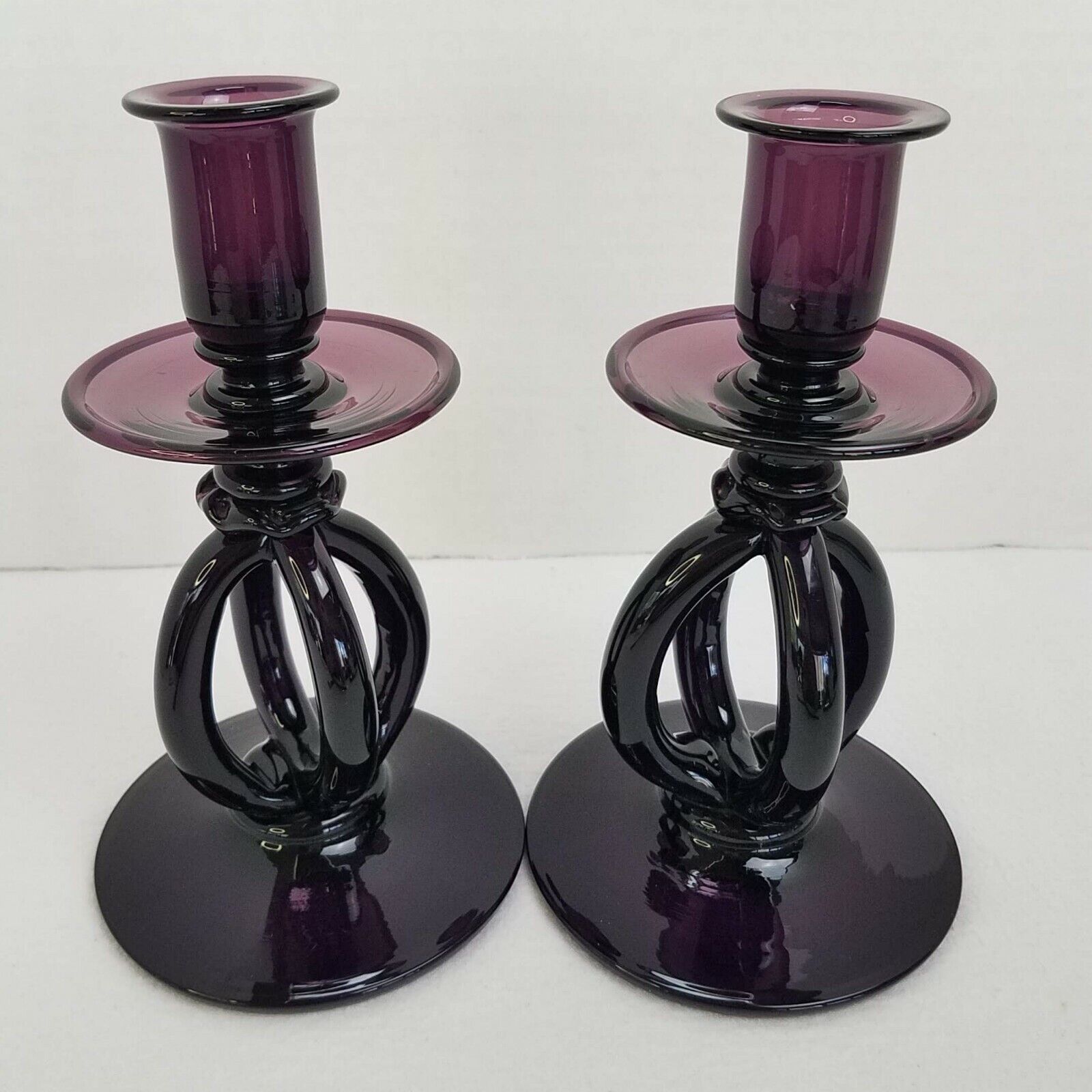 VTG Purple Amethyst Geometric Hand Blown Glass Taper Candle Sticks (2) Formal