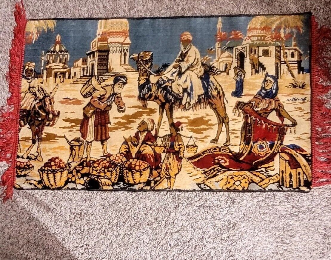 Vtg  Islamic Arabic Wall Hanging Carpet Desert Market Scene Tapestry 36 x 21.5