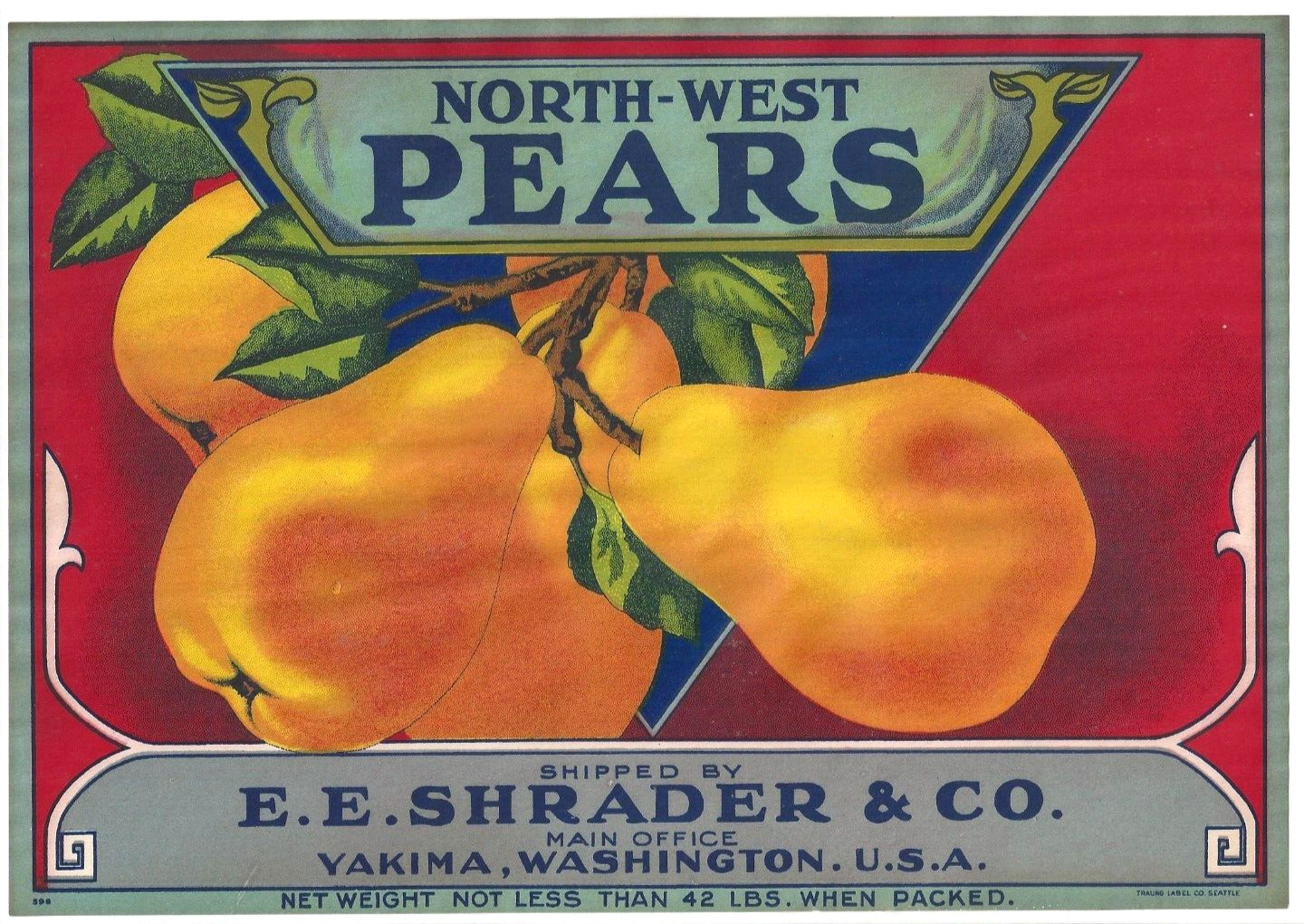 Original litho NORTH-WEST pear crate label E. E. Shrader & Co. Yakima WA stock