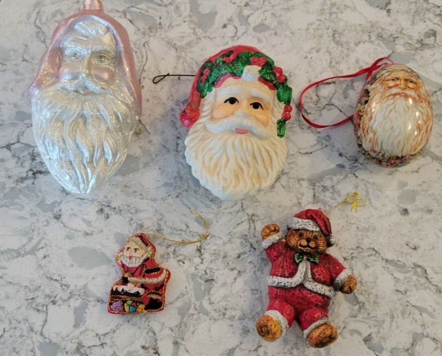 Vintage Christmas Santa Claus Ornaments Pink & Pearl Set of 5