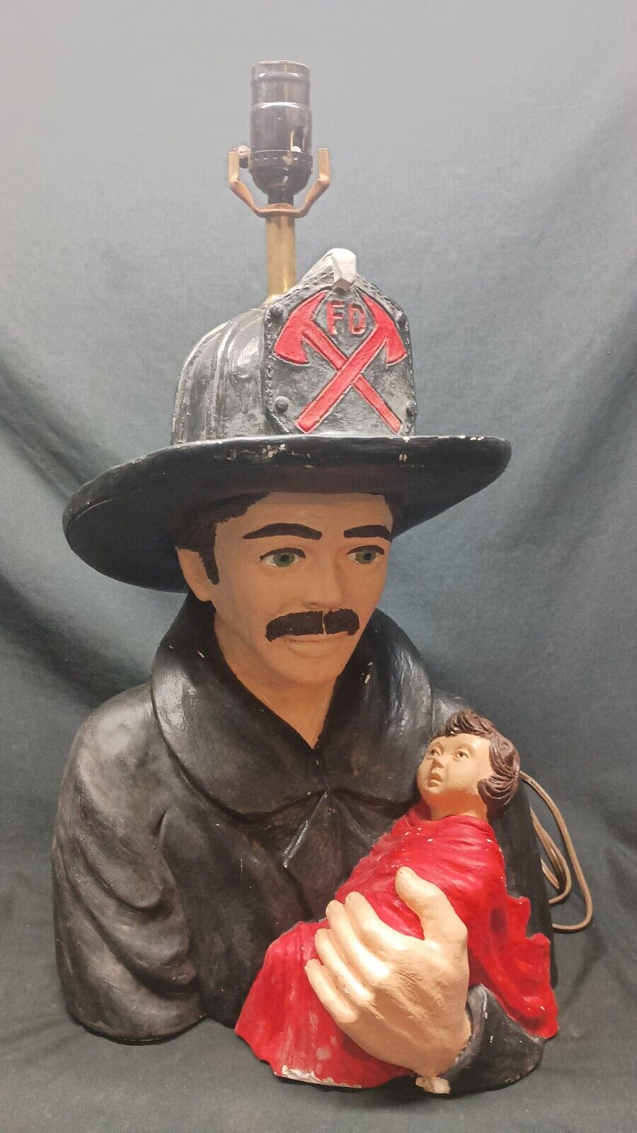 Vintage Hand Made OOAK Heavy Plaster Firefighter With Child Lamp