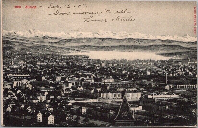 Vintage ZURICH Switzerland Postcard Bird\'s-Eye Panorama City View / 1907 Cancel