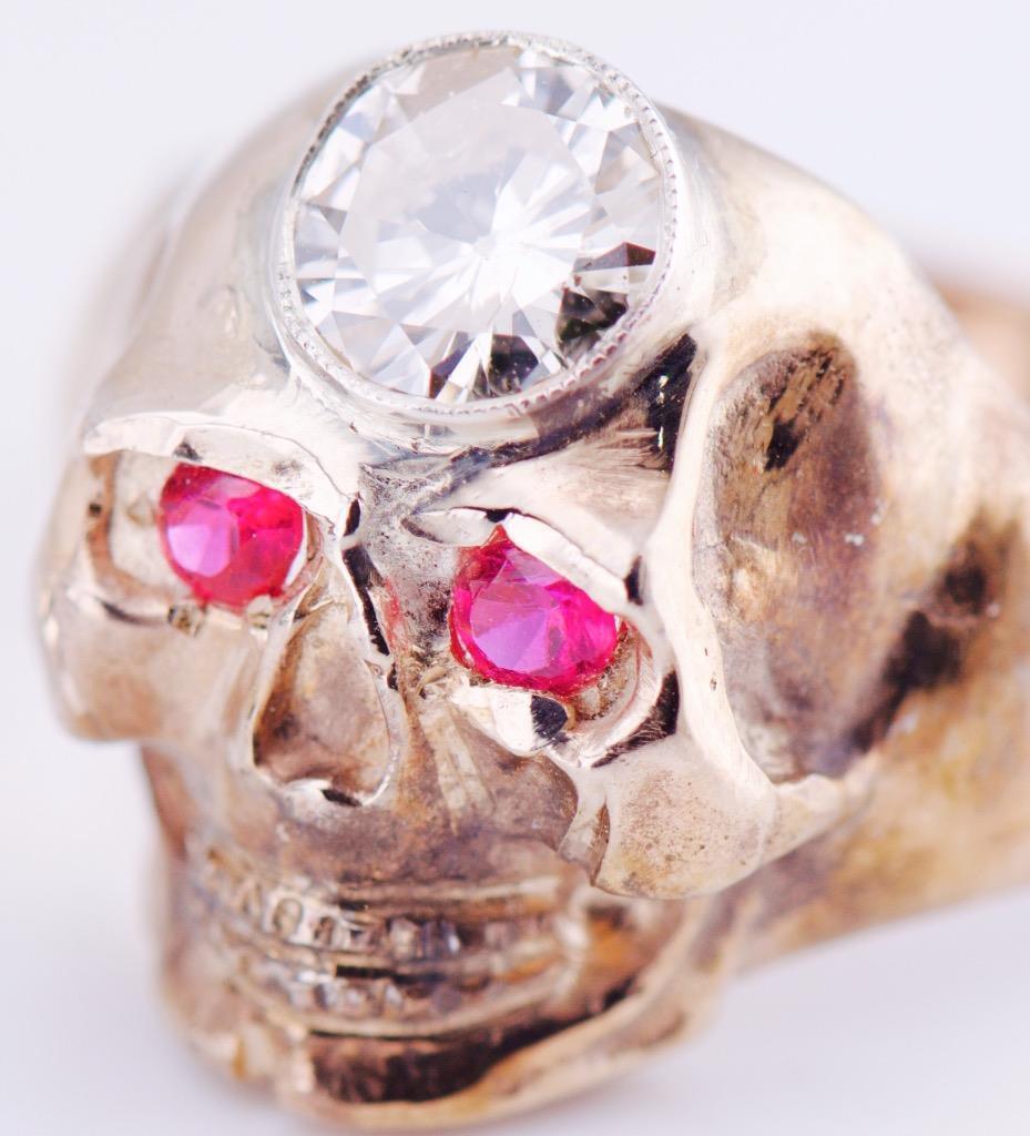 Antique Memento Mori Masonic Skull Mens Ring 14k Gold 1ct Diamond Rubies  c1930s