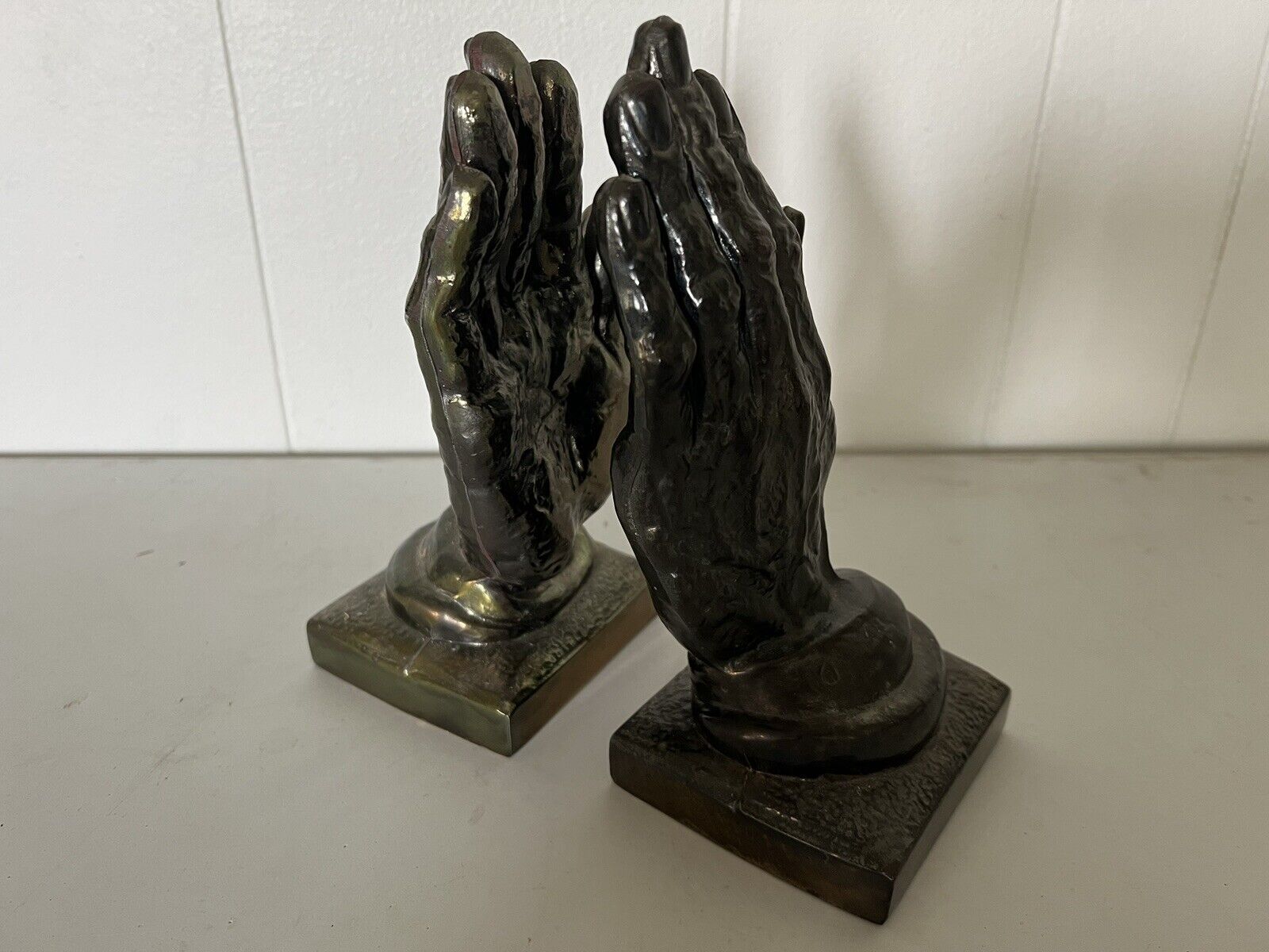 Vintage Mid Century Cast Brass Praying Hands Bookends