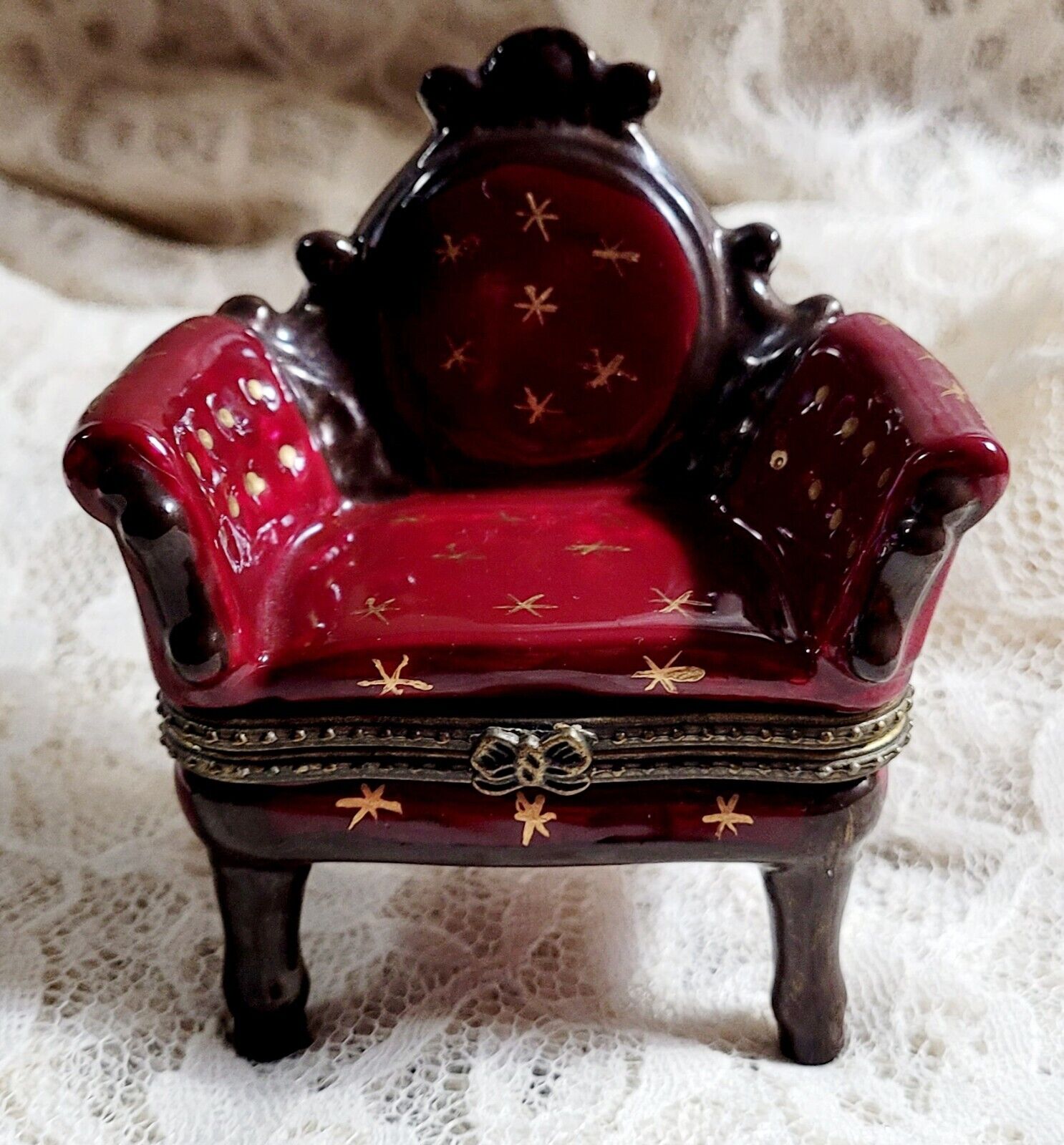 Vintage Burgundy Trinket Box Victorian Chair Hinged Porcelain Abbott Collection