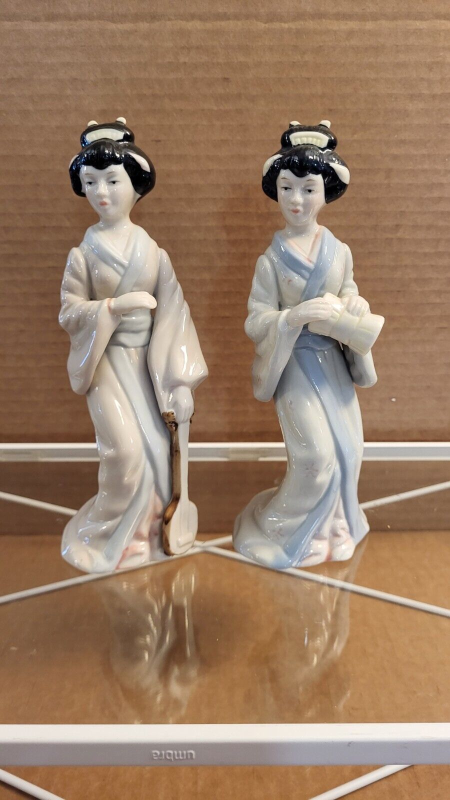 Set of 2 Geisha Girls Instruments Japanese White Porcelain  Vintage 