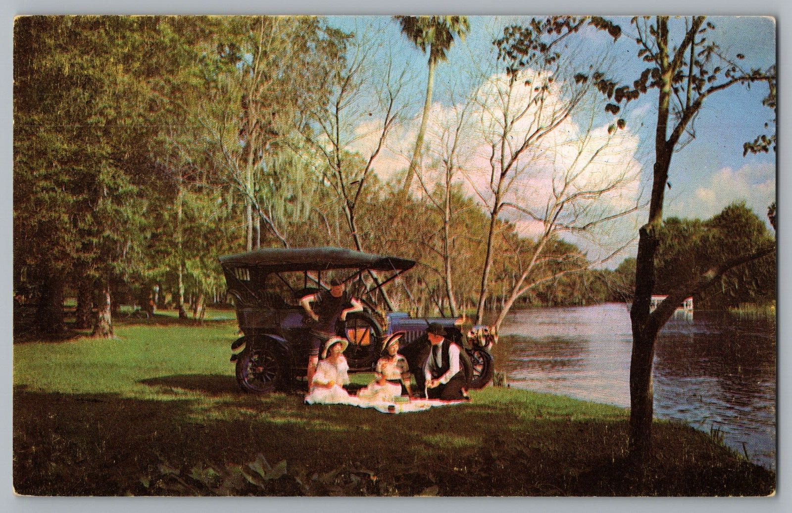 Postcard Picnic Along Silver Springs River, 1907 Mitchell Automobile