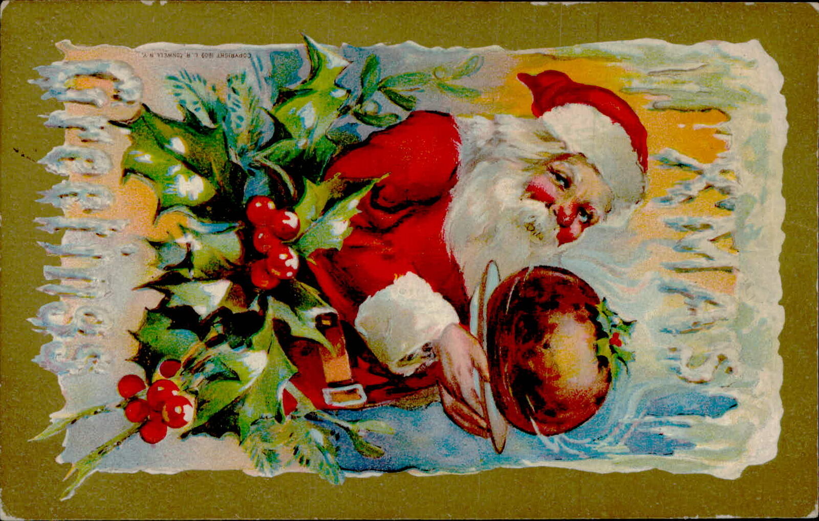 Postcard: Santa Holding Plate Xmas Greetings c.1910