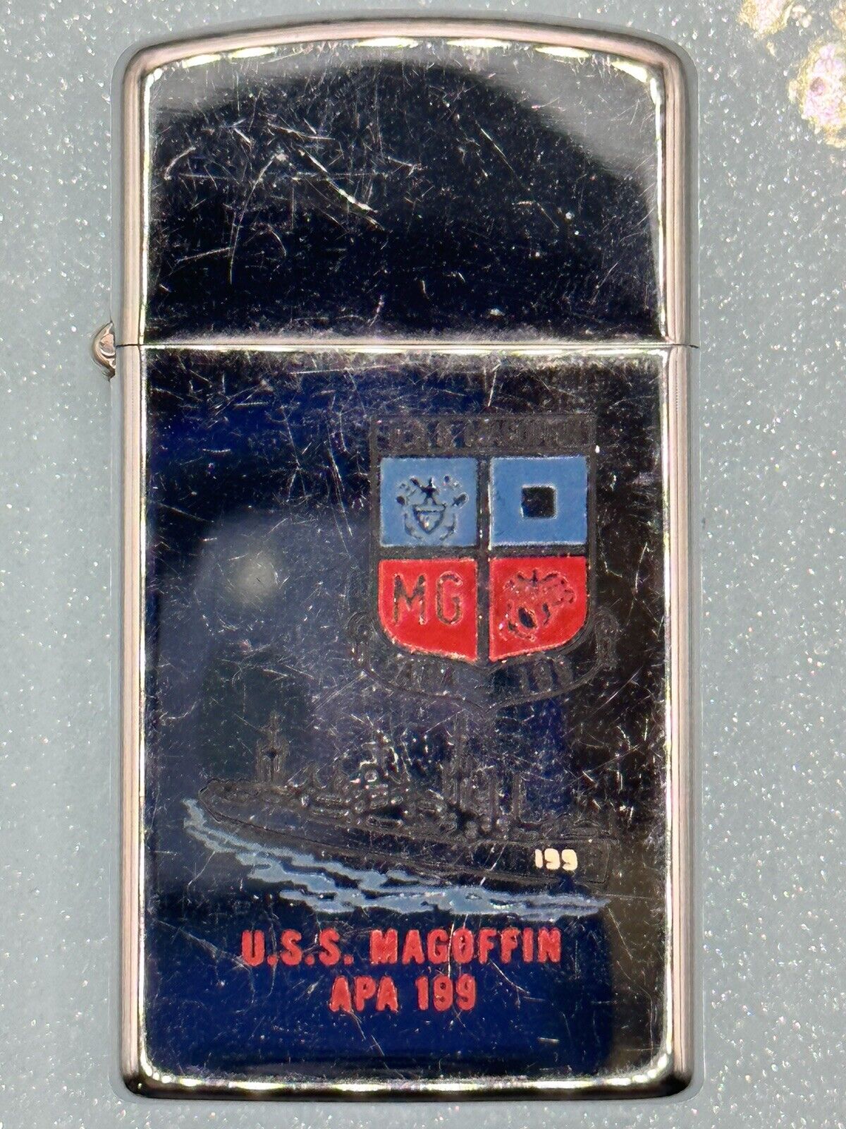 Vintage 1967 U.S.S. Magoffin APA 199 Chrome Slim Zippo Lighter NEW