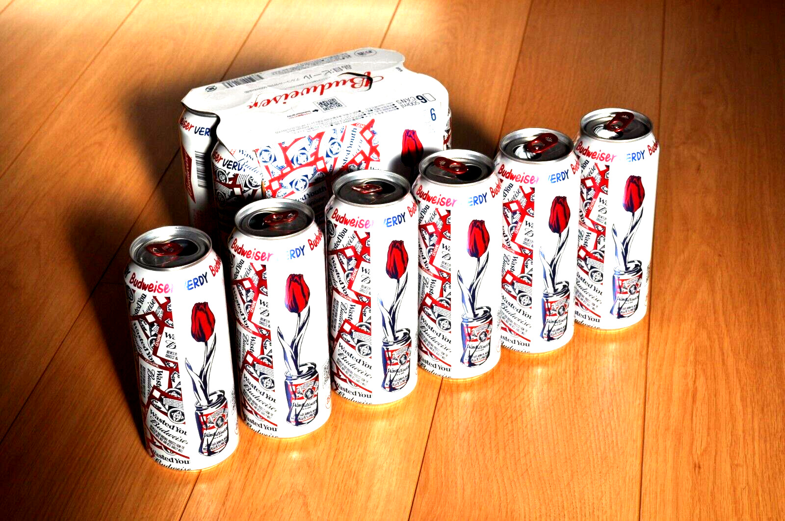 Empty Can Budweiser VERDY BEER 500ml. 6 pie. set with package from Japan arigato
