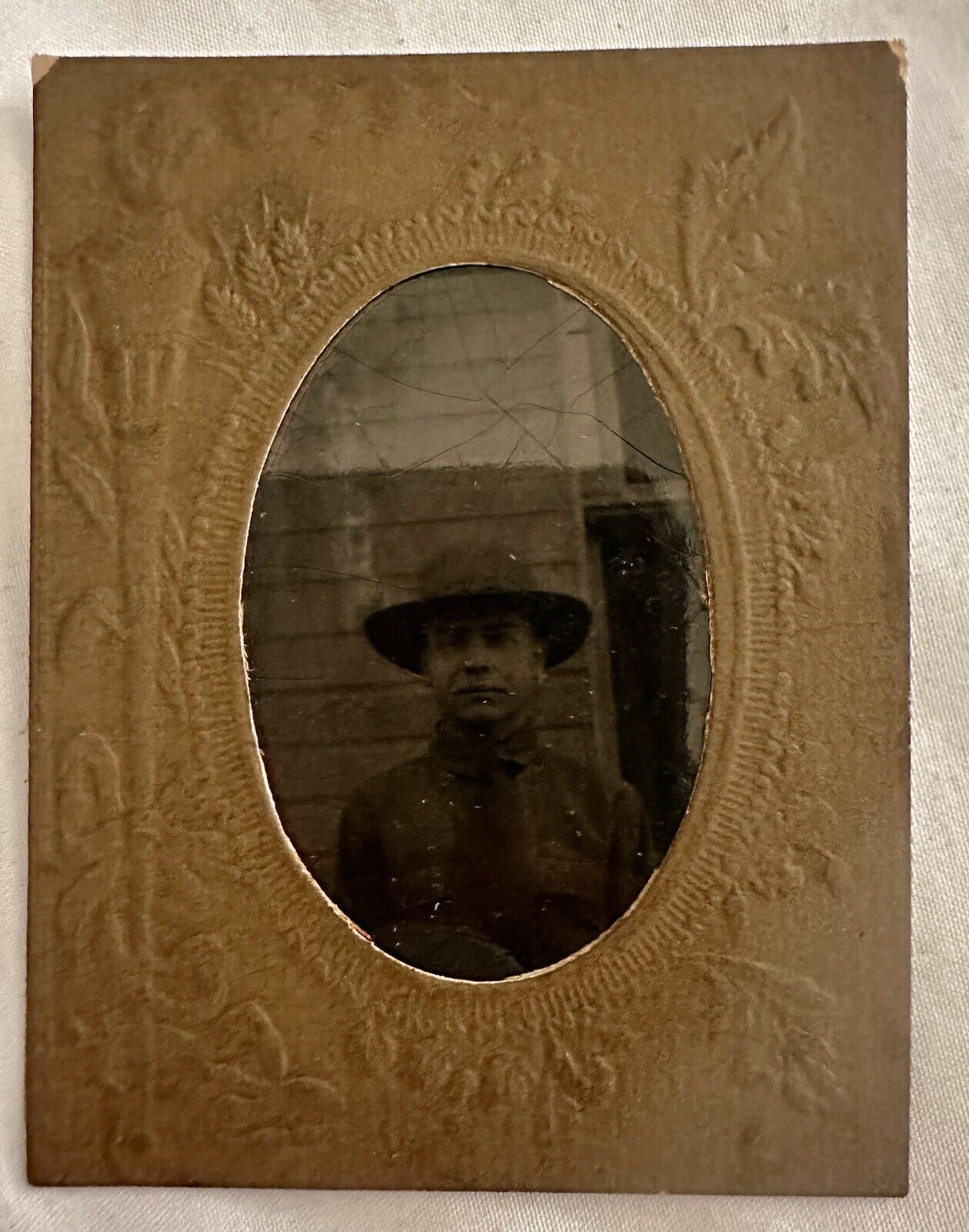 Antique Victorian Tin Type Photograph Photo Man Hat Uniform 1800’s Old 3.75”