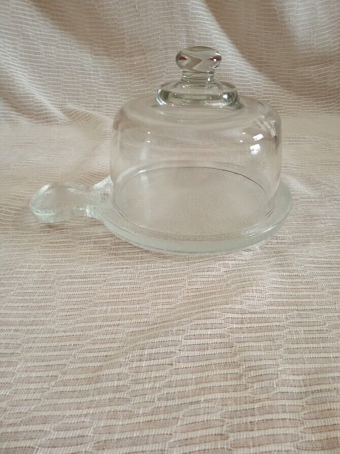 Clear Glass Domed Lid Cheese Board Footed Handled Serving Tray Textured Perfect