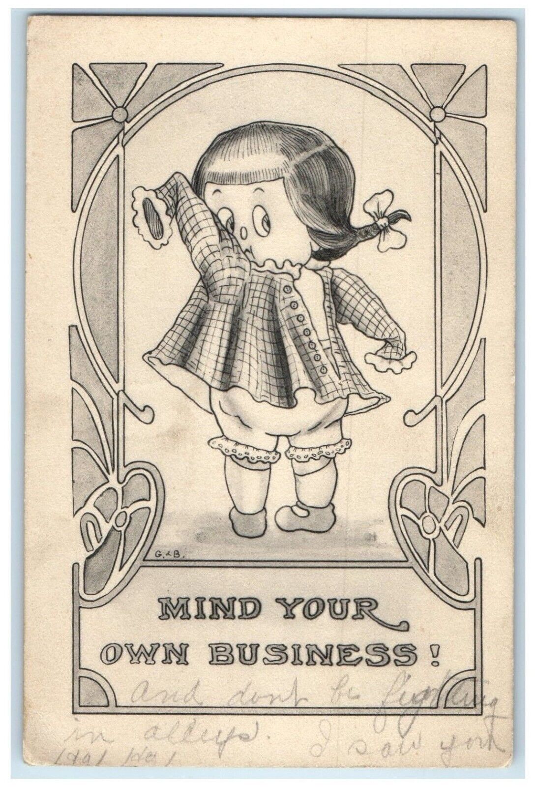 1913 Little Girl Wearing Clothes Mind Your Own Business Dubuque Iowa IA Postcard
