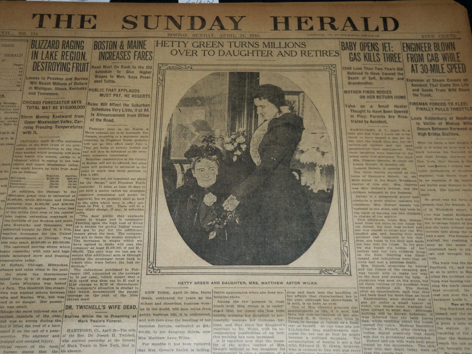 1910 APRIL 24 THE BOSTON HERALD NEWSPAPER - MARK TWAIN FUNERAL RATES - BH 367