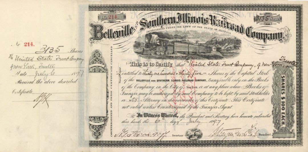 Belleville and Southern Illinois Railroad Co. - High Denomination Railroad Stock