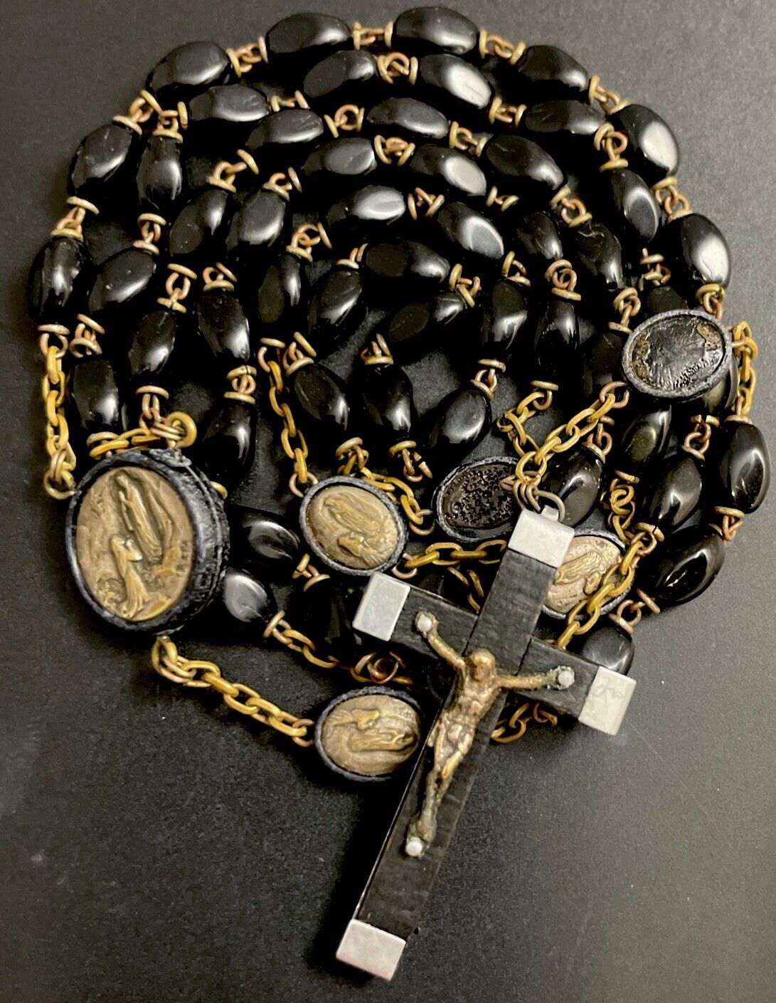 Vintage Catholic Black Milk Glass Rosary, Vignette Later Medals, Crucifix France