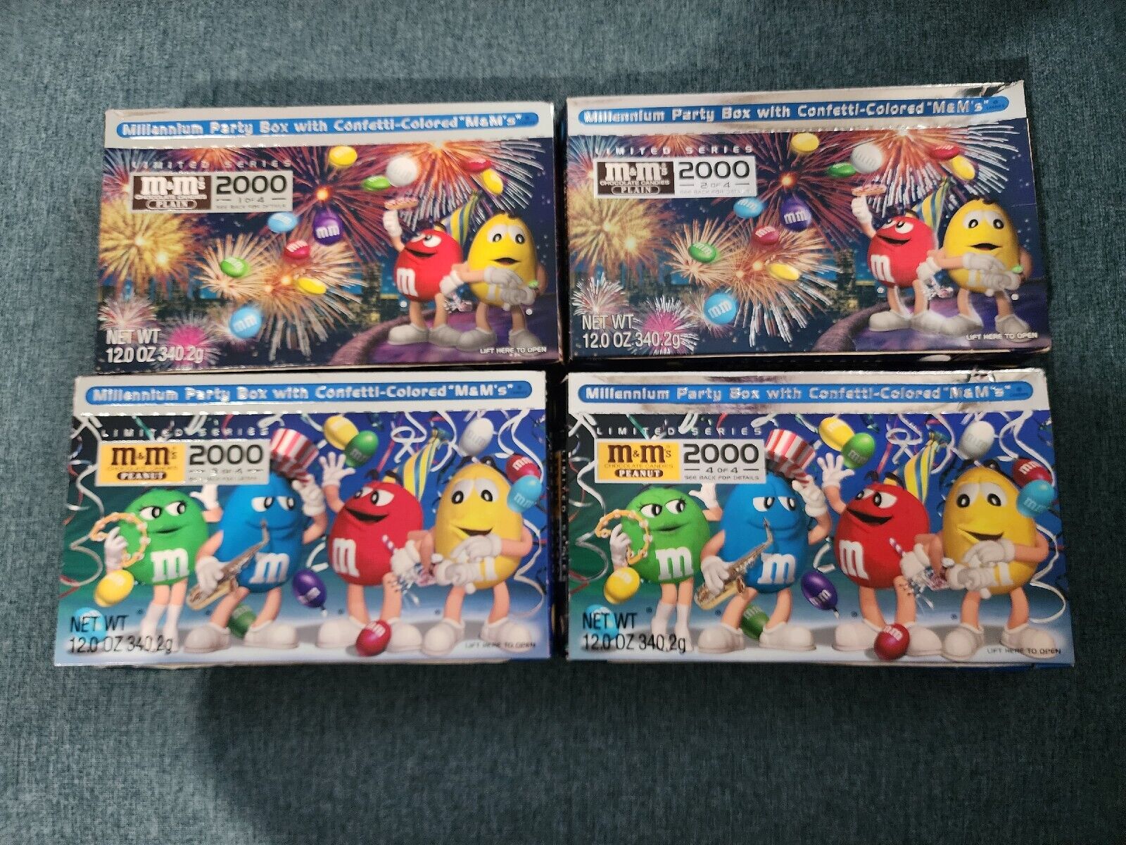 2000 M&M\'s Millennium Party Boxes Complete set of 4, w/ M&Ms, unopened, Y2K