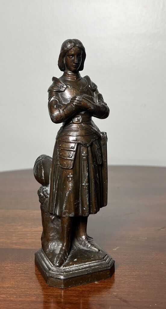 Joan of Arc Signed DSR Statue Antique French Bronzed Spelter Armorial Sculpture