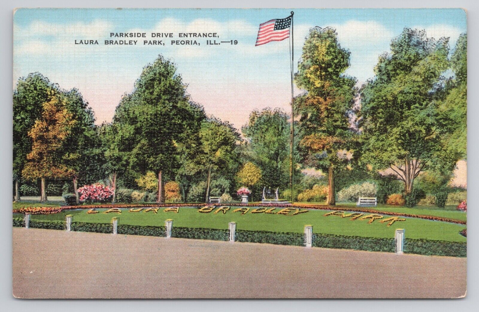 Parkside Drive Entrance Laura Bradly Park Peoria Illinois Linen Postcard No 3222