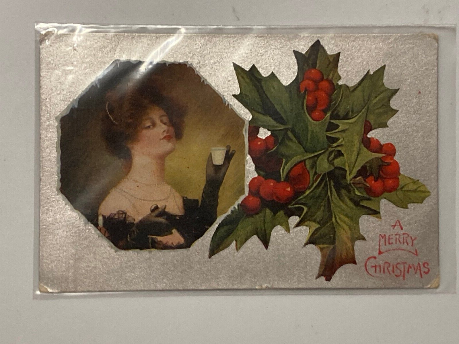 1907-1915 Merry Christmas Vintage Postcard Silver Gilt, Holly, Elegant Women