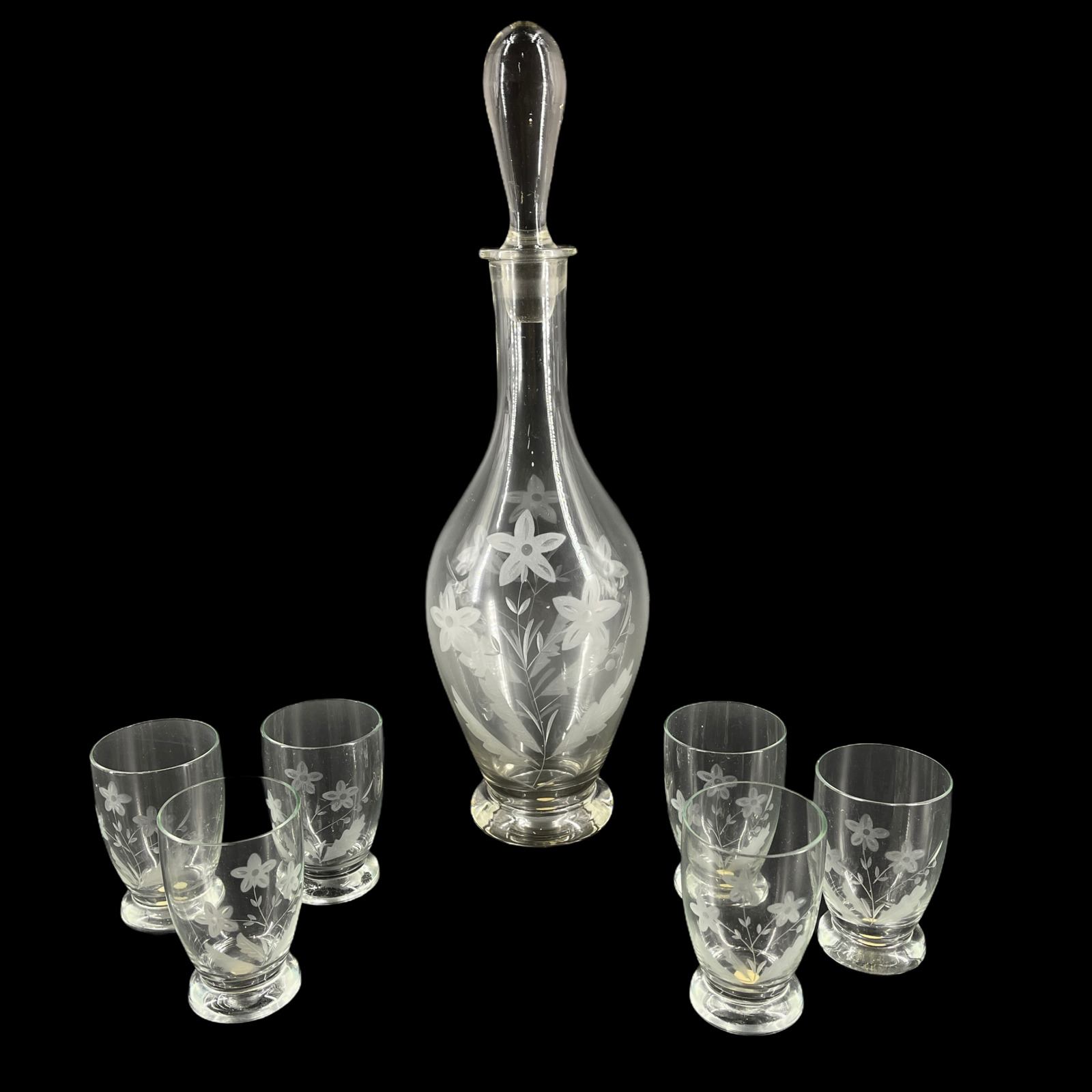 Vintage Decanter Set Etched Cut Glass 6 Cordial Glasses Flowers Made in Romania