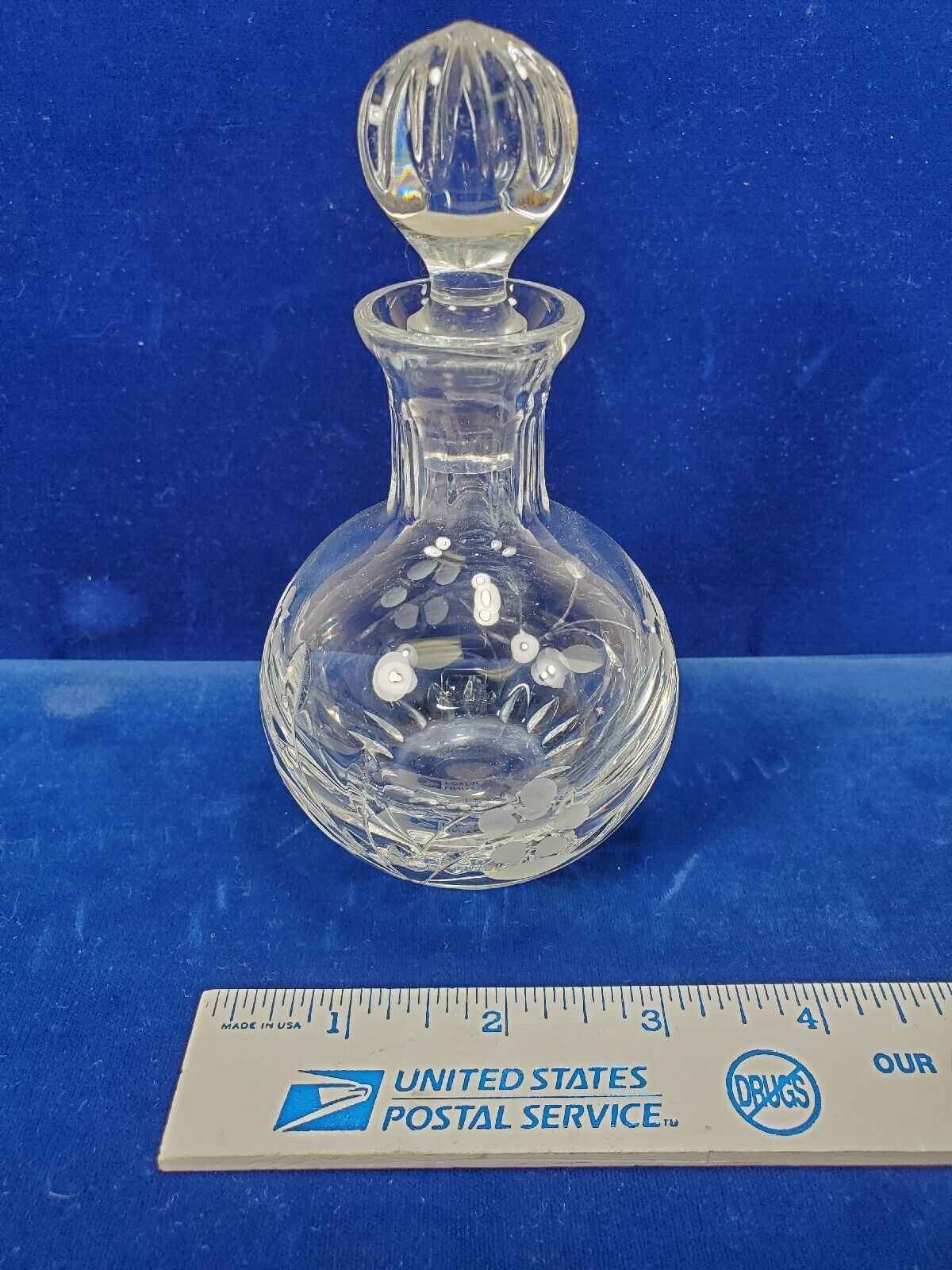 Vintage Clear Crystal Cut Glass Perfume Bottle 5” Round Vintage Floral Pattern