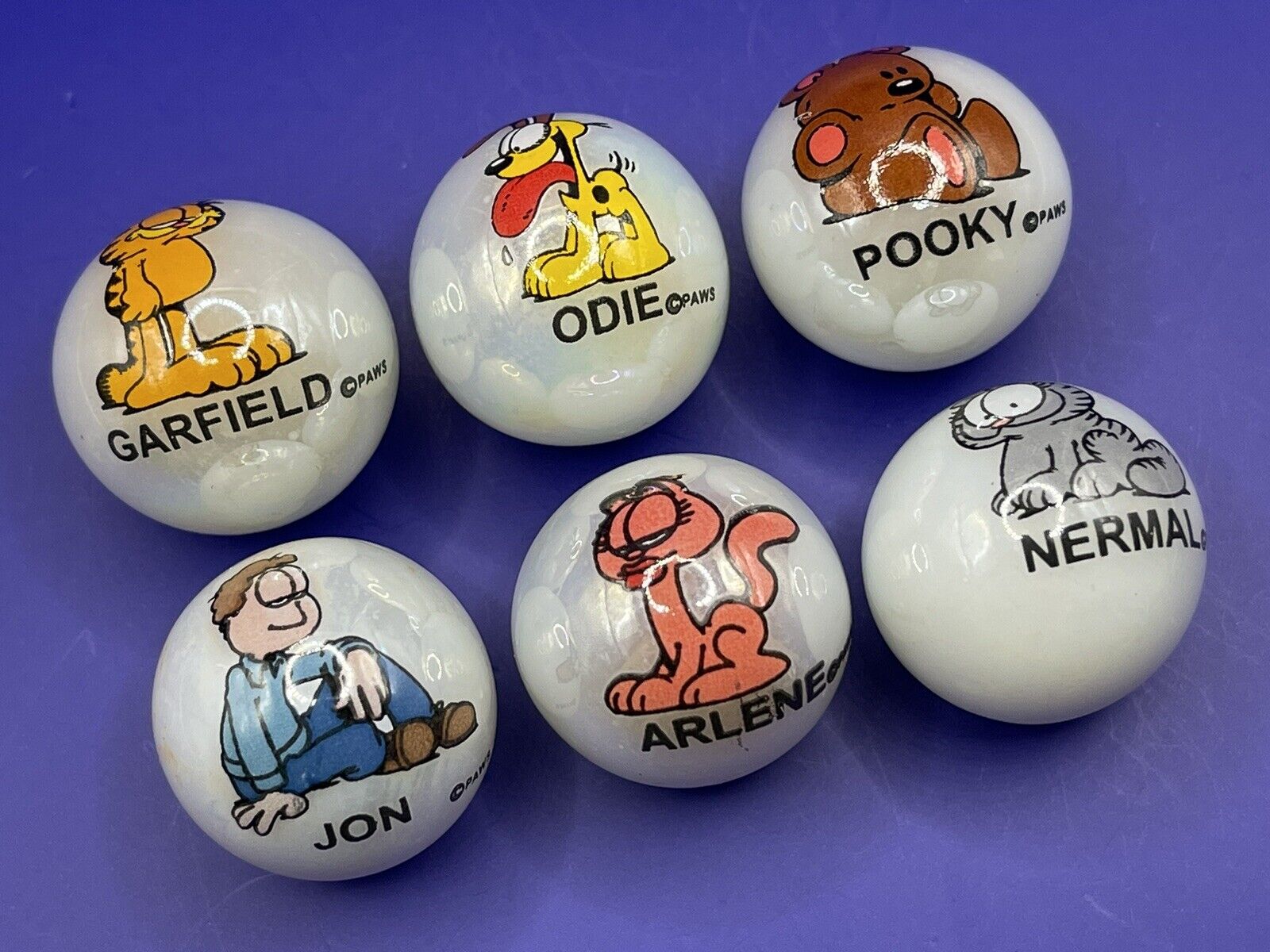 Vtg 1970 Paws Garfield Marbles 6PC (Garfield, Odie, Pooky, Arlene, Nermal, Jon)