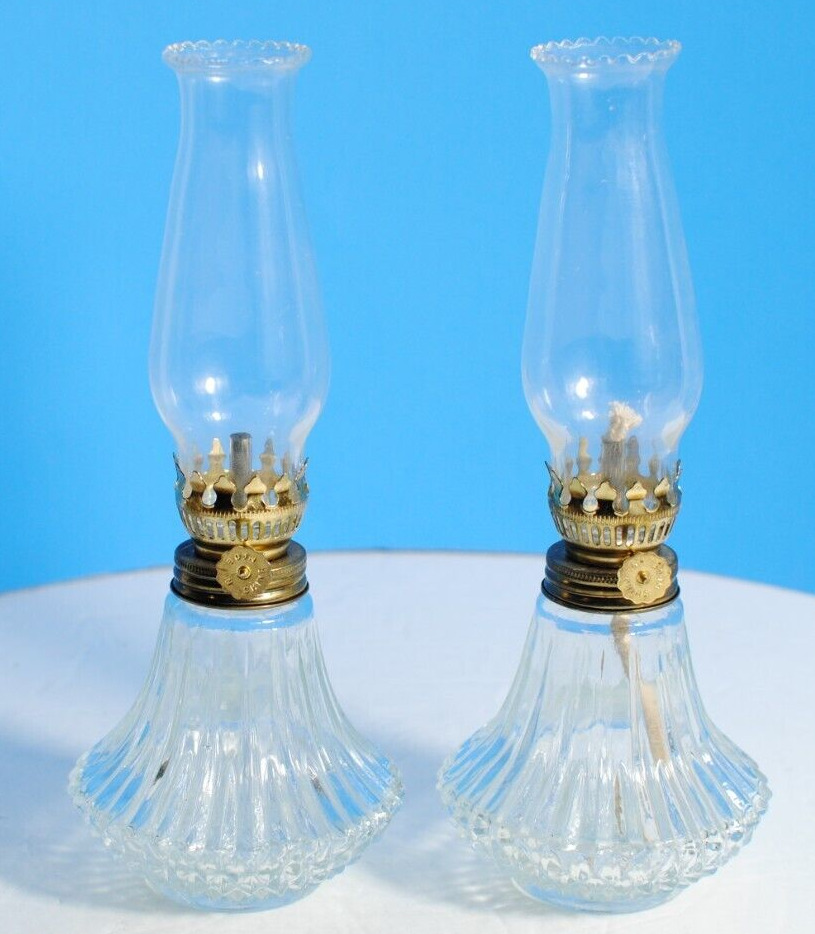 Vintage Pair of Hurricane Clear Glass Lamps With Chimney