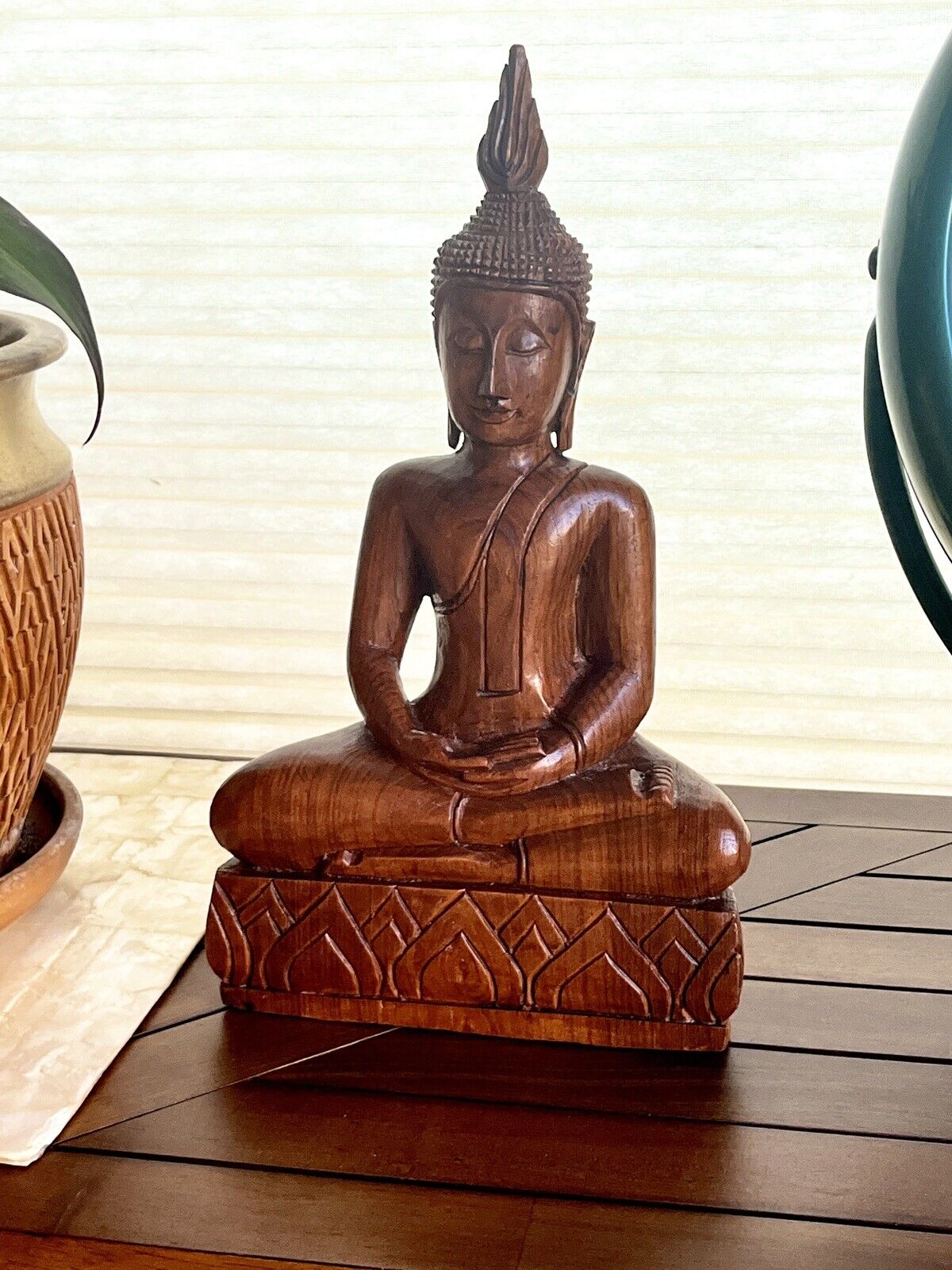 Vintage Seated Meditating Buddha Statue Hand Carved Wood Figure 14”