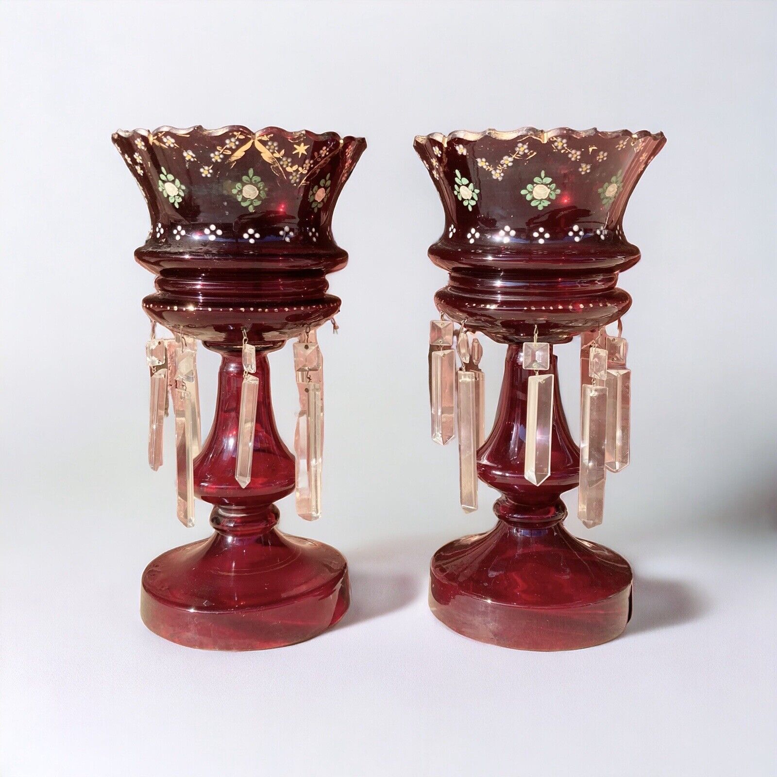 Pair of Antique Victorian Bohemian Ruby Red Glass Candle Mantle Lustres 13 3/4”