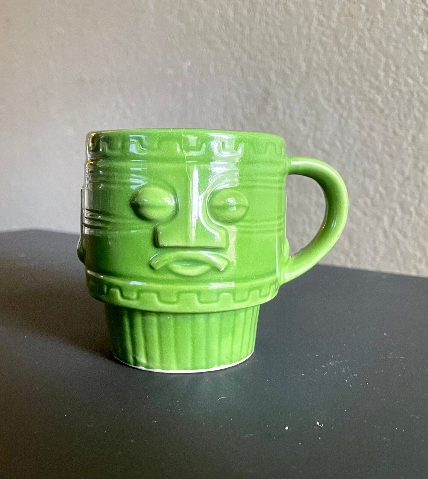 Vintage Green Ceramic Miniature Tiki Face Mug Coffee Tea Hot Beverage Unique