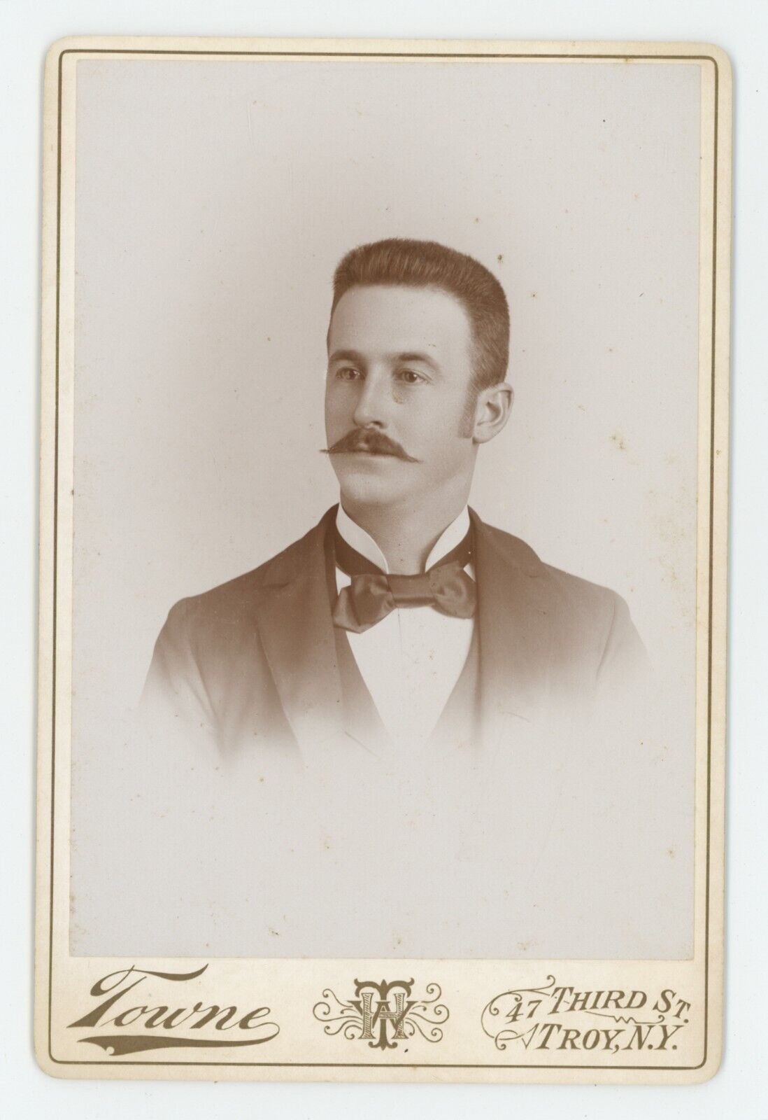 Antique Circa 1880s Cabinet Card Handsome Man With Nice Mustache Towne Troy, NY