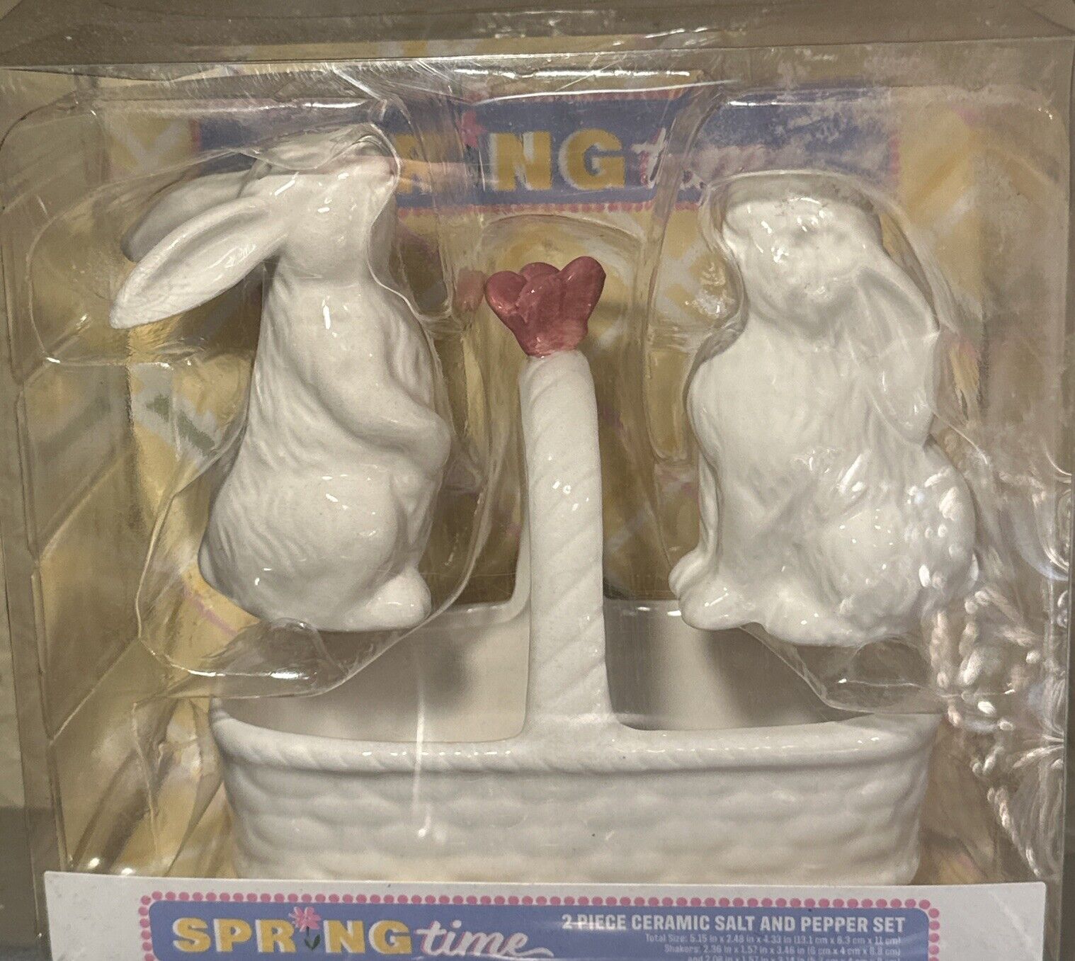 Easter Rabbit Salt & Pepper Shakers Set Porcelain Matching Basket NIP