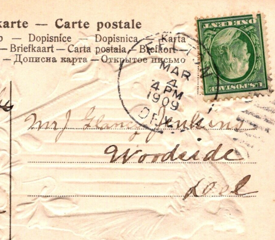 Felton Delaware Postmark Postcard to Woodside Glancy Jenkins 1909 TH