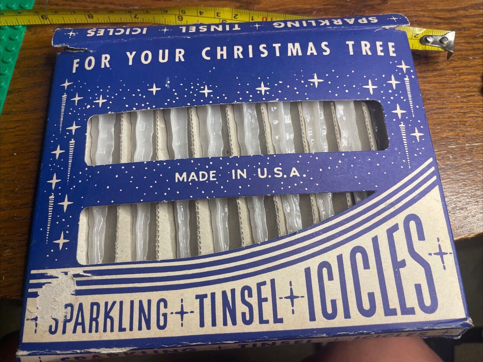 20 Vintage 1940’s Sparkling Tinsel Icicles Plastic Christmas Ornaments with Box.