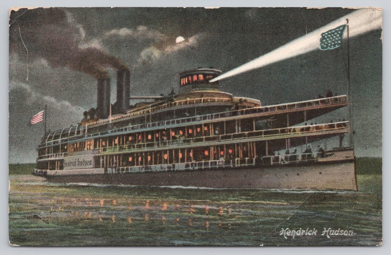 Vintage Post Card Kendrick Hudson Night Scene Steamship Flags Night Scene A187