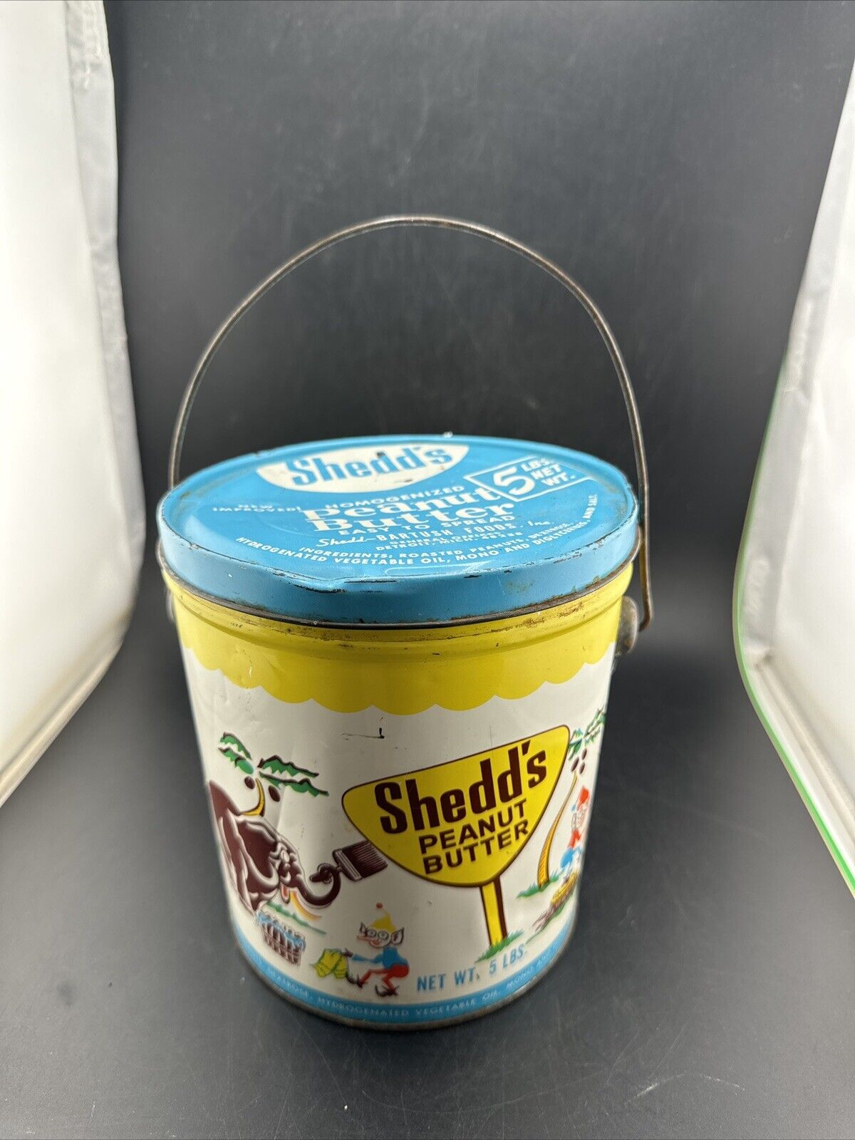 Vintage Shedd\'s Peanut Butter 5 LBS Tin Pail Can w/Graphic Animals & Elves