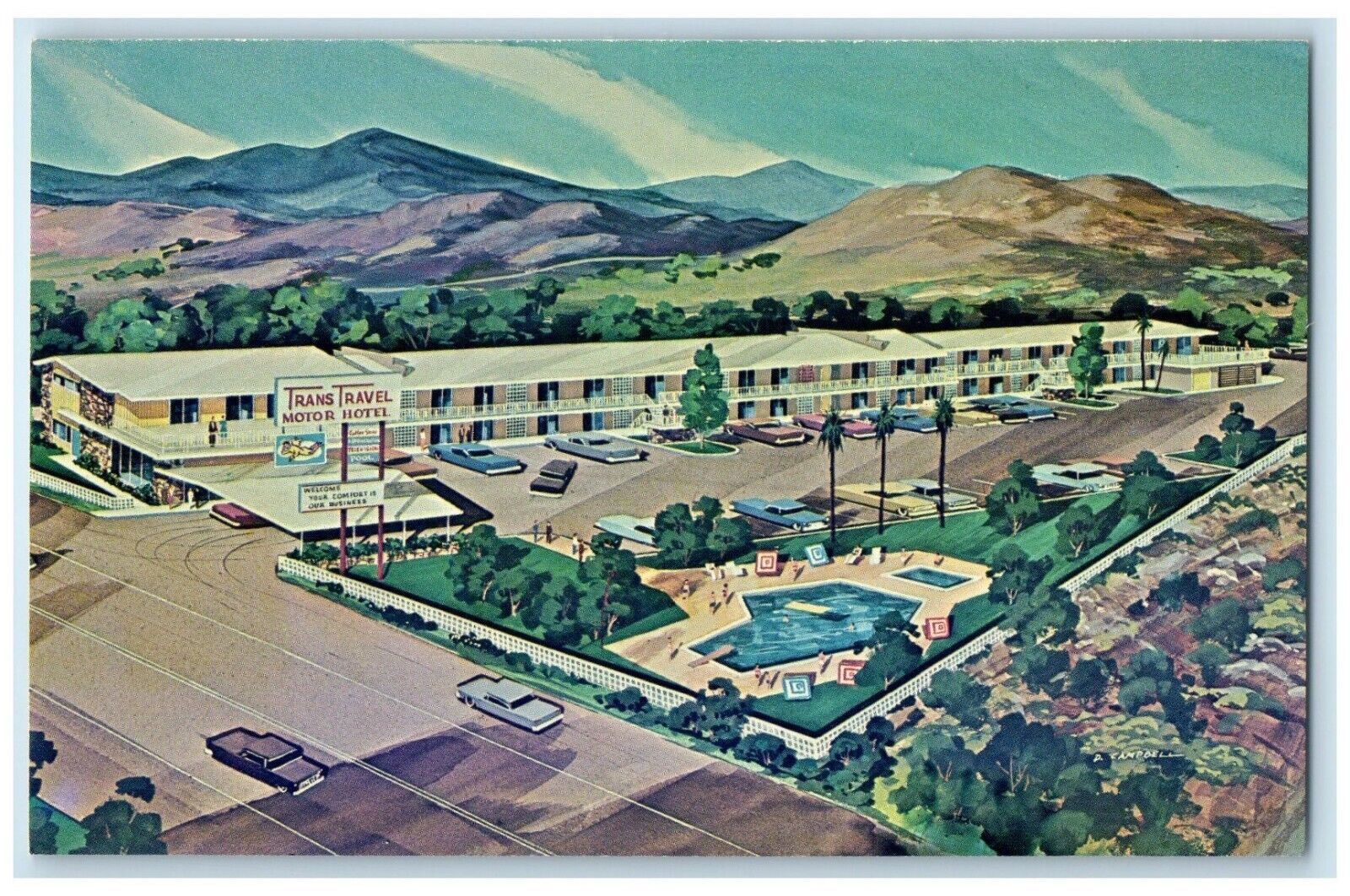 c1950's Trans Travel Motor Hotel Roadside Cars Tempe Arizona AZ Vintage Postcard