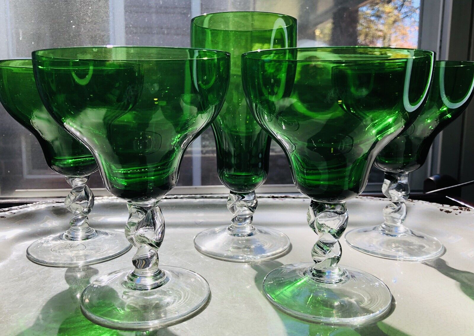 1950’s Boho Art Glass Carol Stupell Green Goblet Cocktail Twist Stem Czech Set-5
