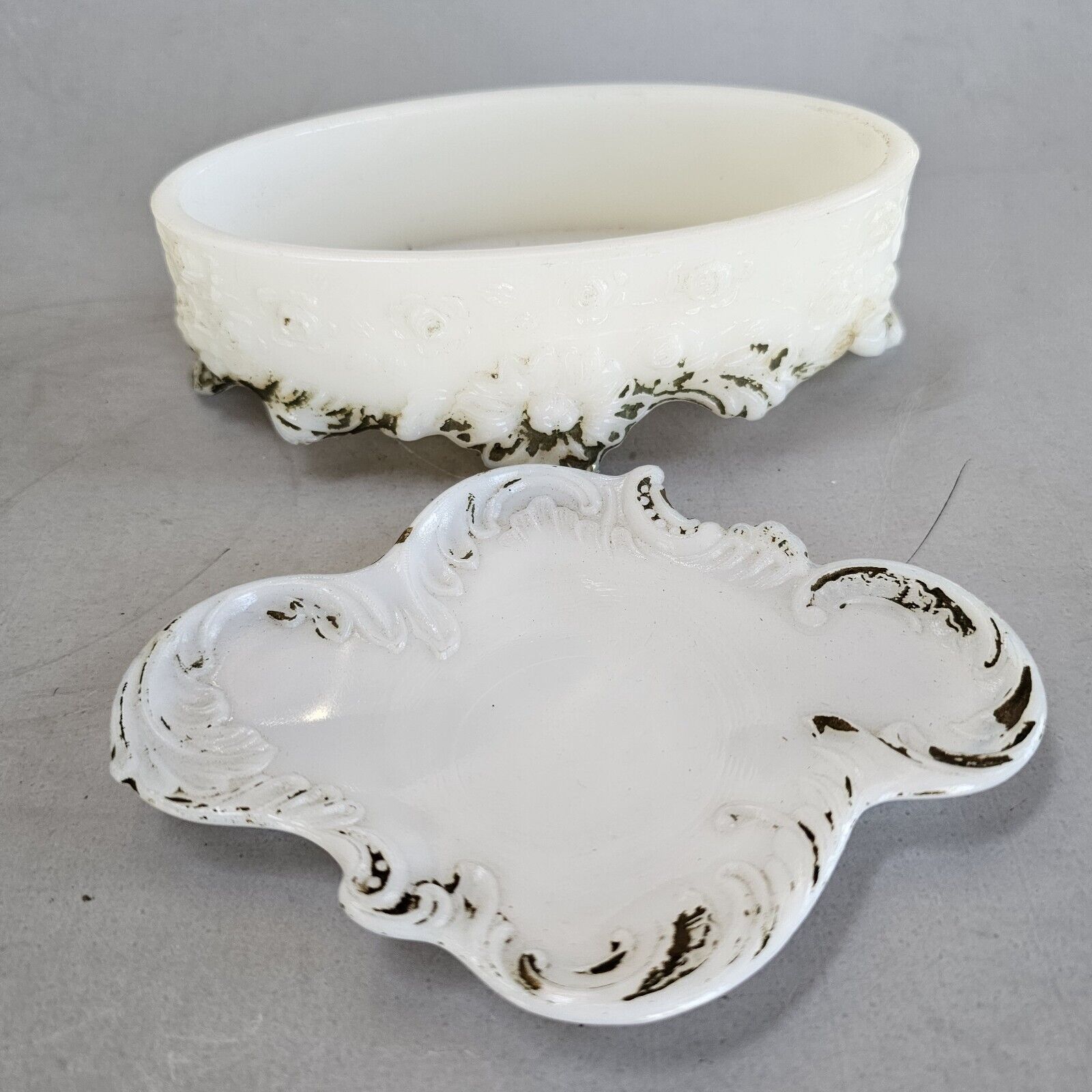Antique Victorian Milk Glase Vanity Dish Footed Bowl UV Reactive