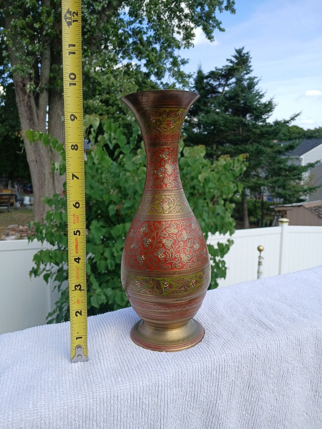 Vintage 10 Inch Brass Vase Decor Multi-Colored Etched Floral Design INDIA 