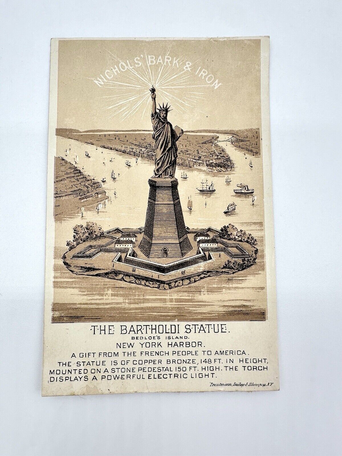 1880s antique BERTHOLDI STATUE of liberty victorian Trade card BARK & IRON *RARE