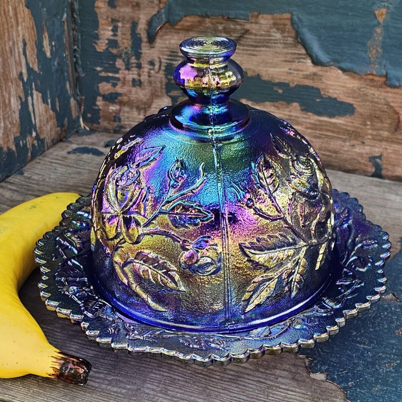 Antique Imperial Glass Cobalt Purple Lustre Rose Iridescent Carnival Butter Dish