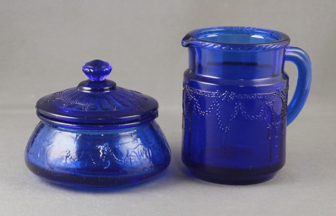 Vintage Cobalt Blue Mosser Glass Mini Childs Pitcher & Sugar Bowl