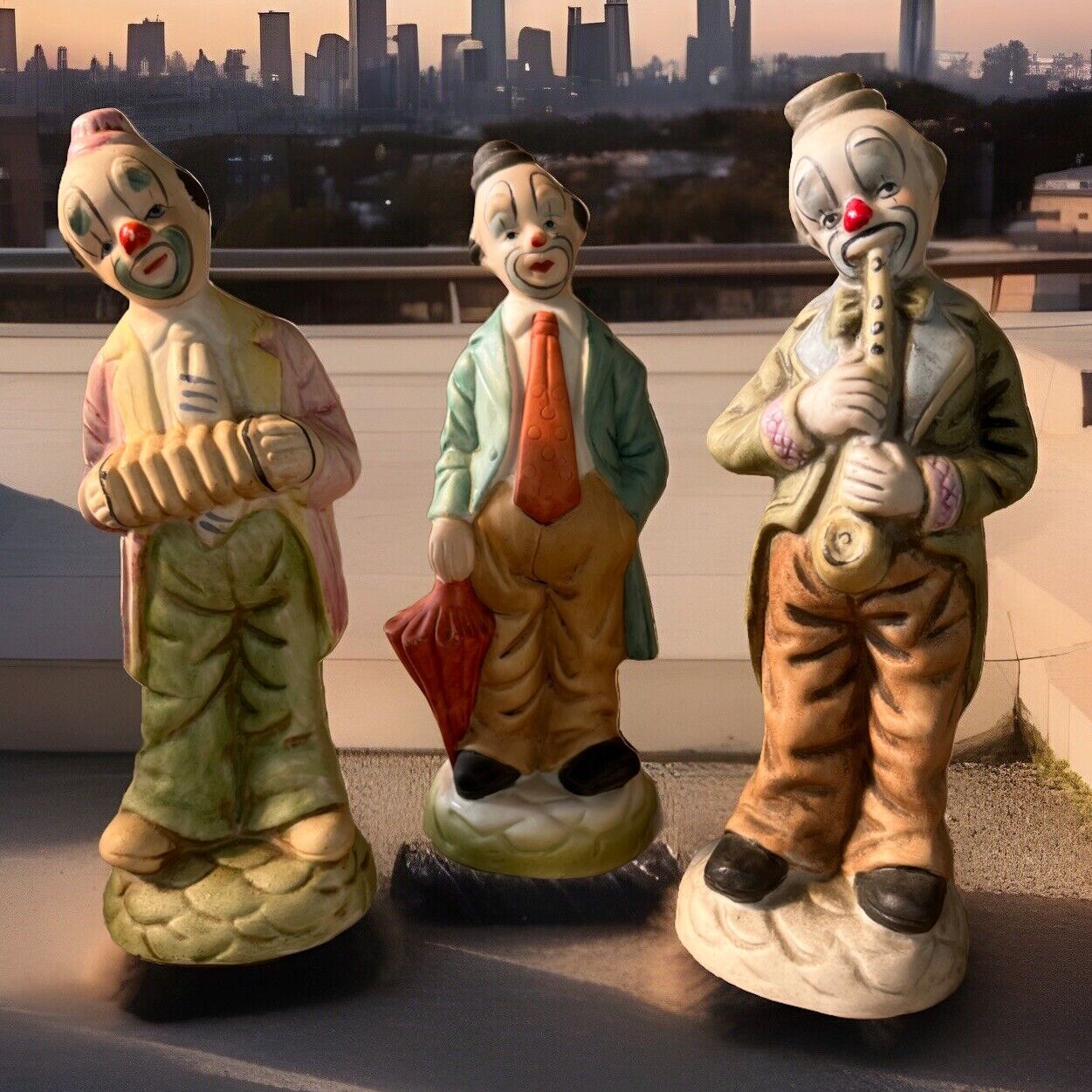 Lot If 3 Vintage Porcelain Hobo Clowns with Musical Instruments Figurines Retro