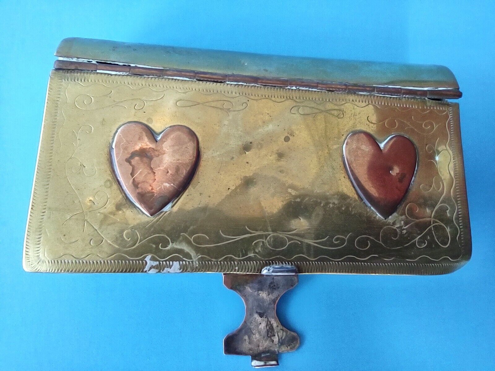 Antique Brass And Copper Tobacco Box With Heart 1863 B.L. Clovelly Civil War Era