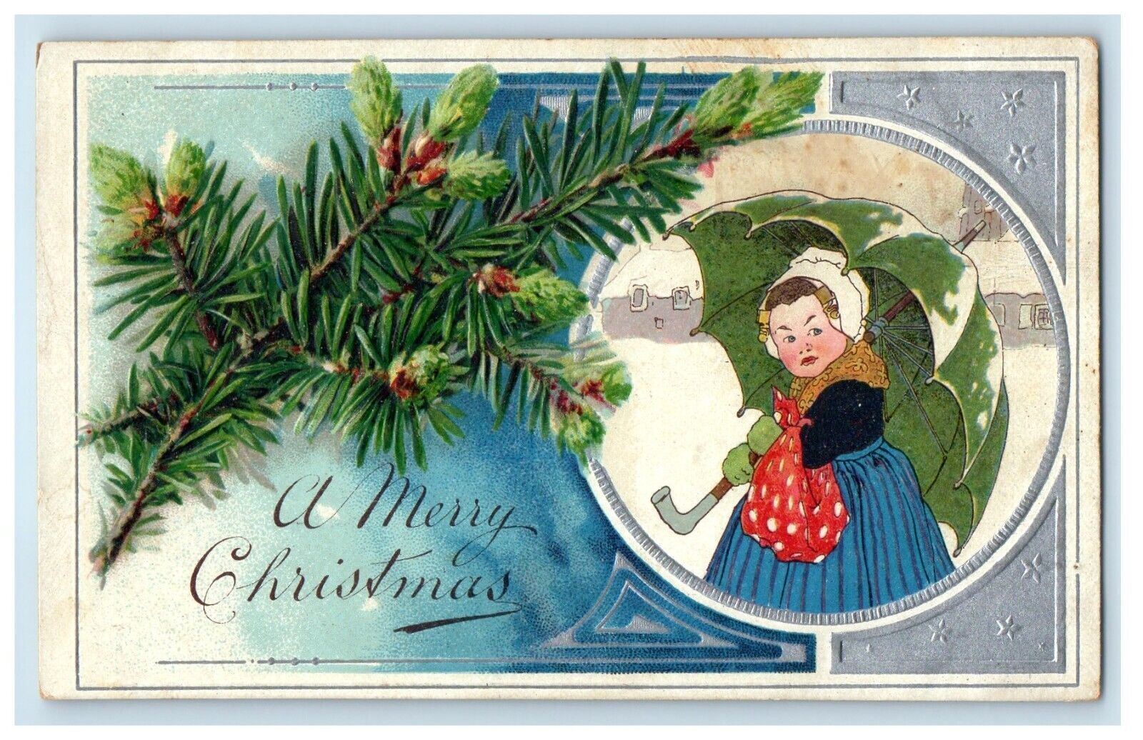 c1910's Merry Christmas Girl Umbrella Pine Cone Embossed Antique Postcard